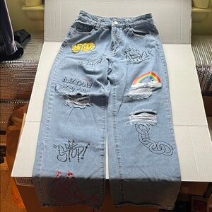 ROMWE Blue Graphic Flare Jeans